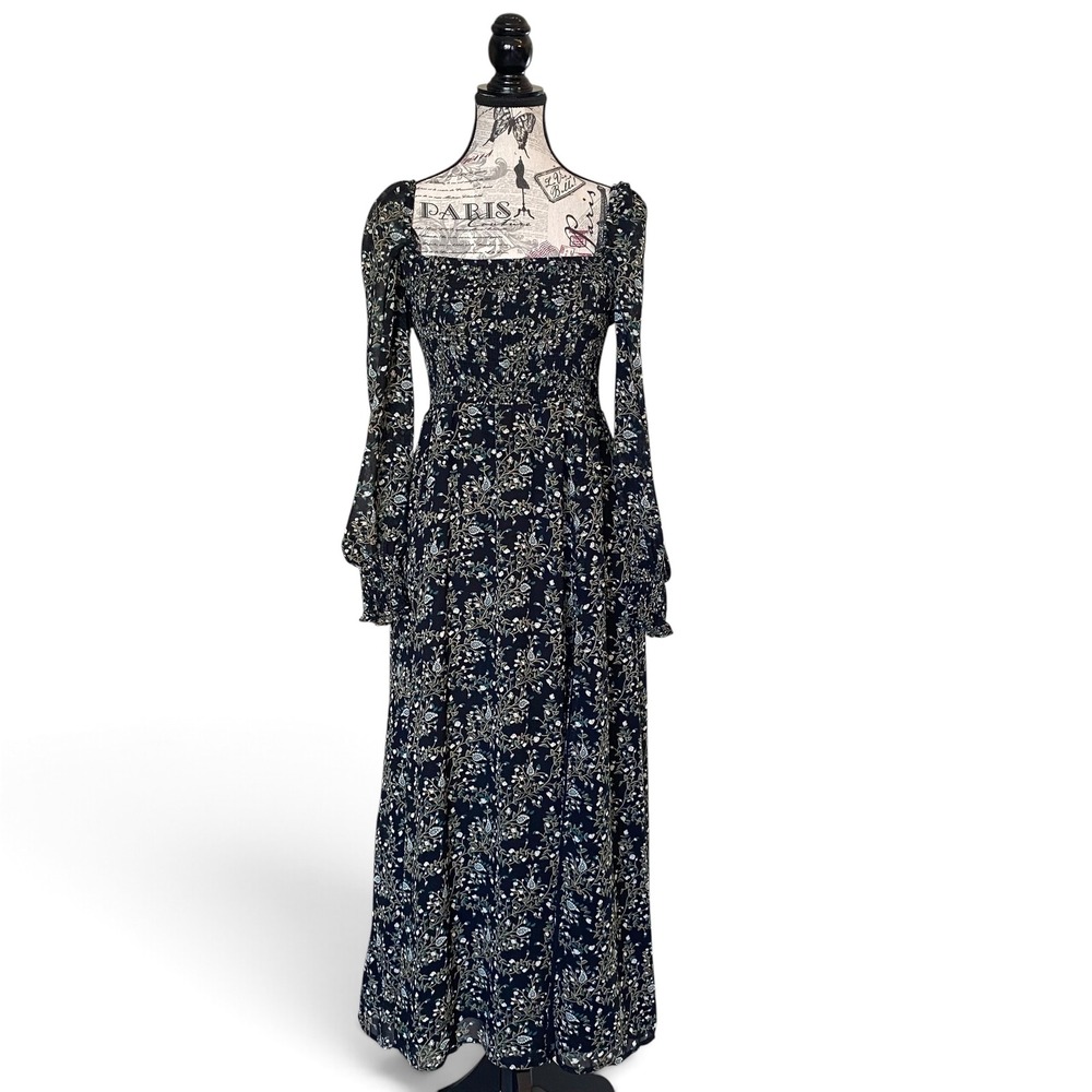 o.p.t Maxi Dress Womens XS Black Floral Smocked Long Sleeve Slit Cottagecore